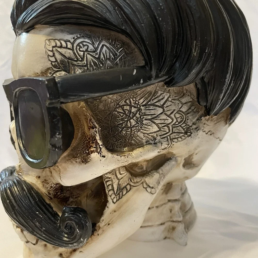 NEW Halloween Hippie Skull with Hair, Mustache, Tattoos & Glasses Retro Decor